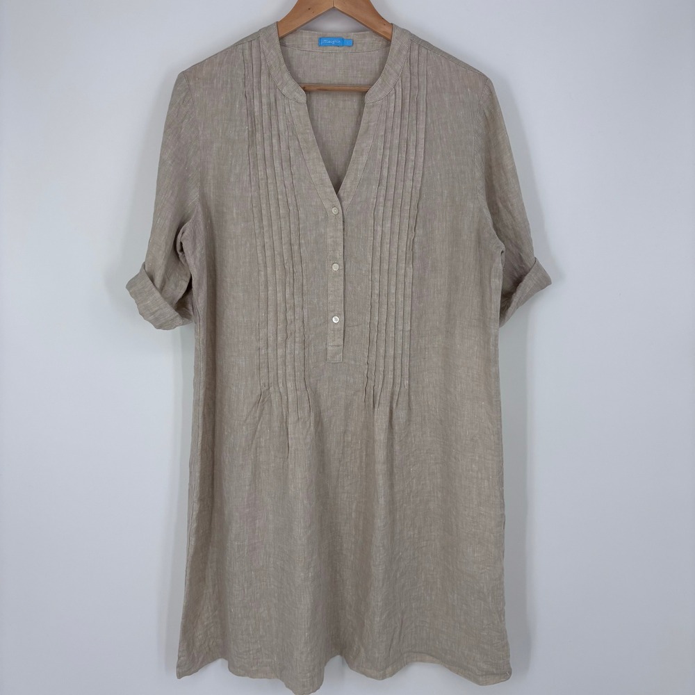 J.McLaughlin 100% Linen Pintuck Henley Sheath Shift Dress Womens L Beige Neutral